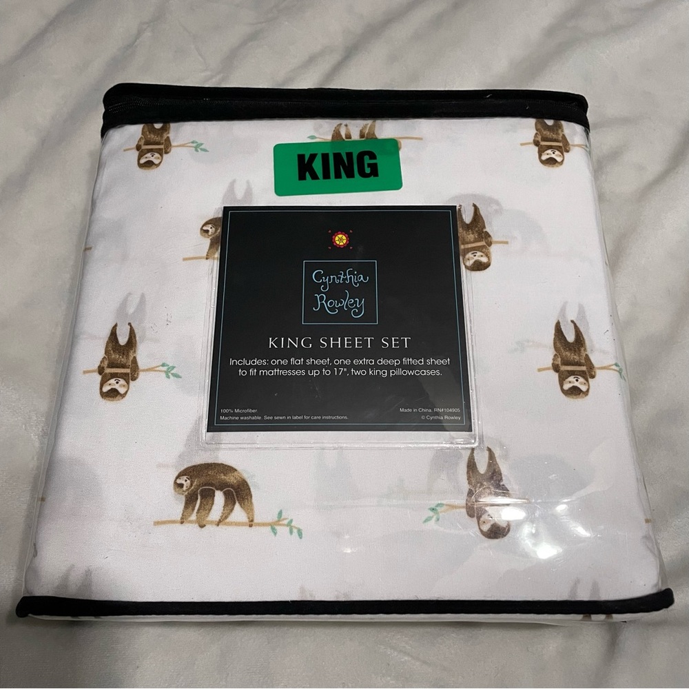 Cynthia Rowley King Sheet Set Sloths on Branches 4 Piece Set Microfiber NEW